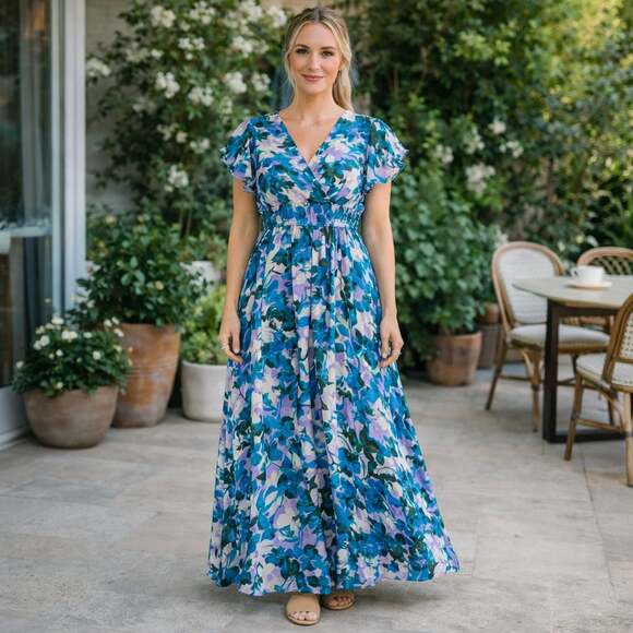Taylor Dresses & Skirts - Taylor Blue Floral Jacquard Maxi Dress Size 12 Flutter Sleeve V-Neck
